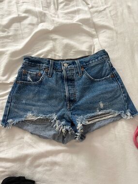 Levis 501 High-Rise Distressed Denim Shorts - Medium Wash